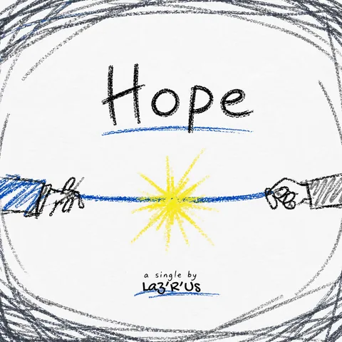 Hope cover art: two hand-drawn hands holding a blue thread, with a yellow spark of light in the middle