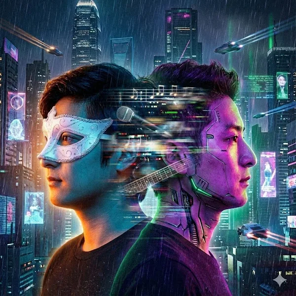 Laz'R'Us artist portrait: two profiles, one masked and one cybernetic, against a neon city in the rain