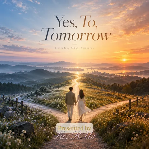 Yes, To, Tomorrow cover art: a couple walking hand in hand down a winding path toward the sunset
